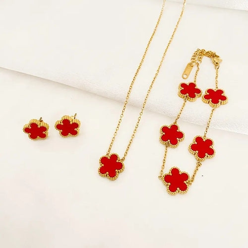 3Pcs Five Leaf Flower Necklace Earrings & Bracelet